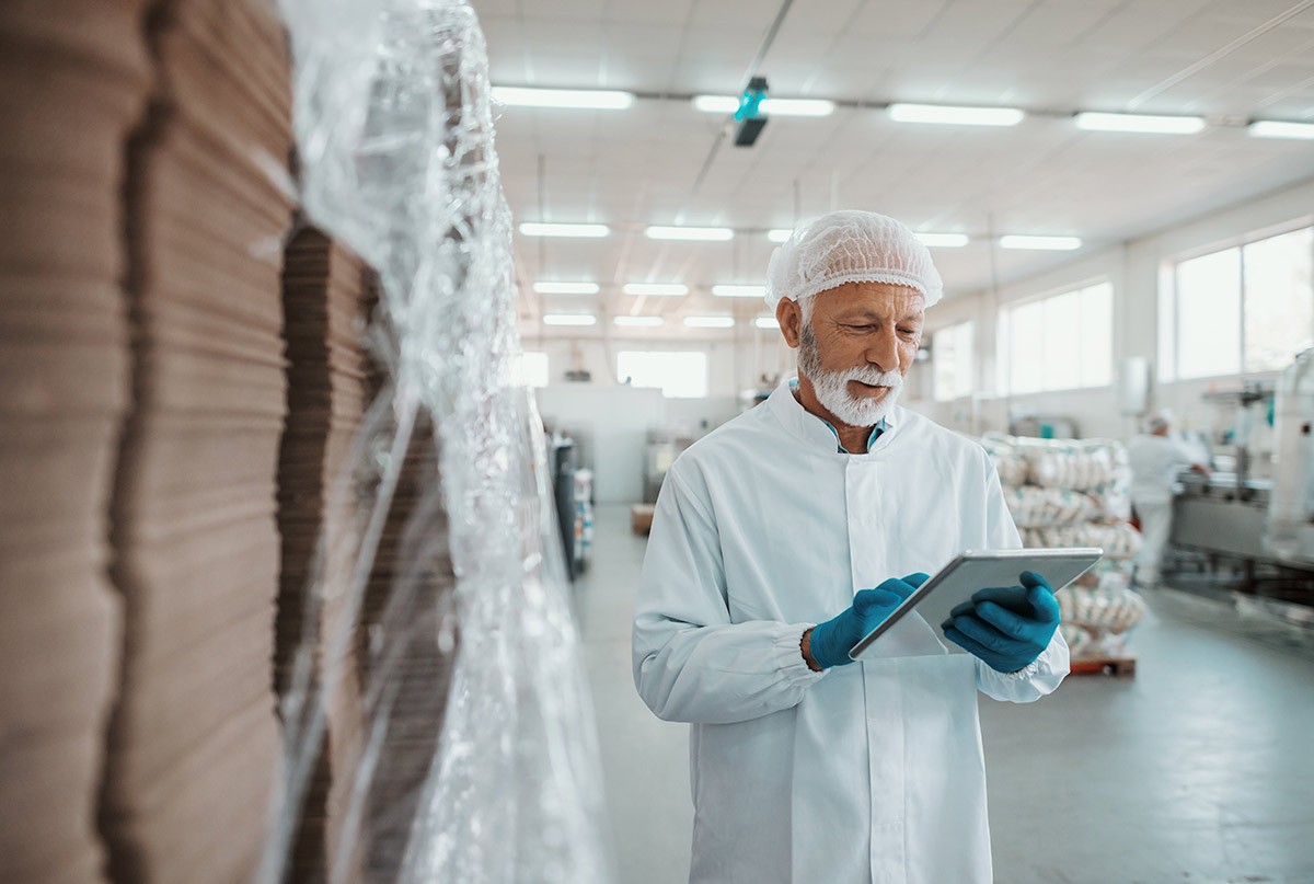 serious-caucasian-senior-adult-inspector-dressed-white-uniform-using-tablet-quality-assessment-food-food-plant