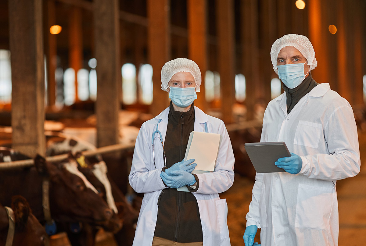 waist-up-portrait-two-veterinarians-wearing-masks-farm-looking-camera-while-holding-tablets-copy-space